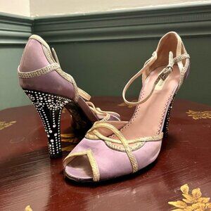 Vintage Prada Satin Peep-toe Dorsey Pumps with Rhinestone Heel